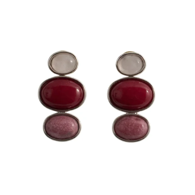 Three-stone drop earrings with red and pink gemstones